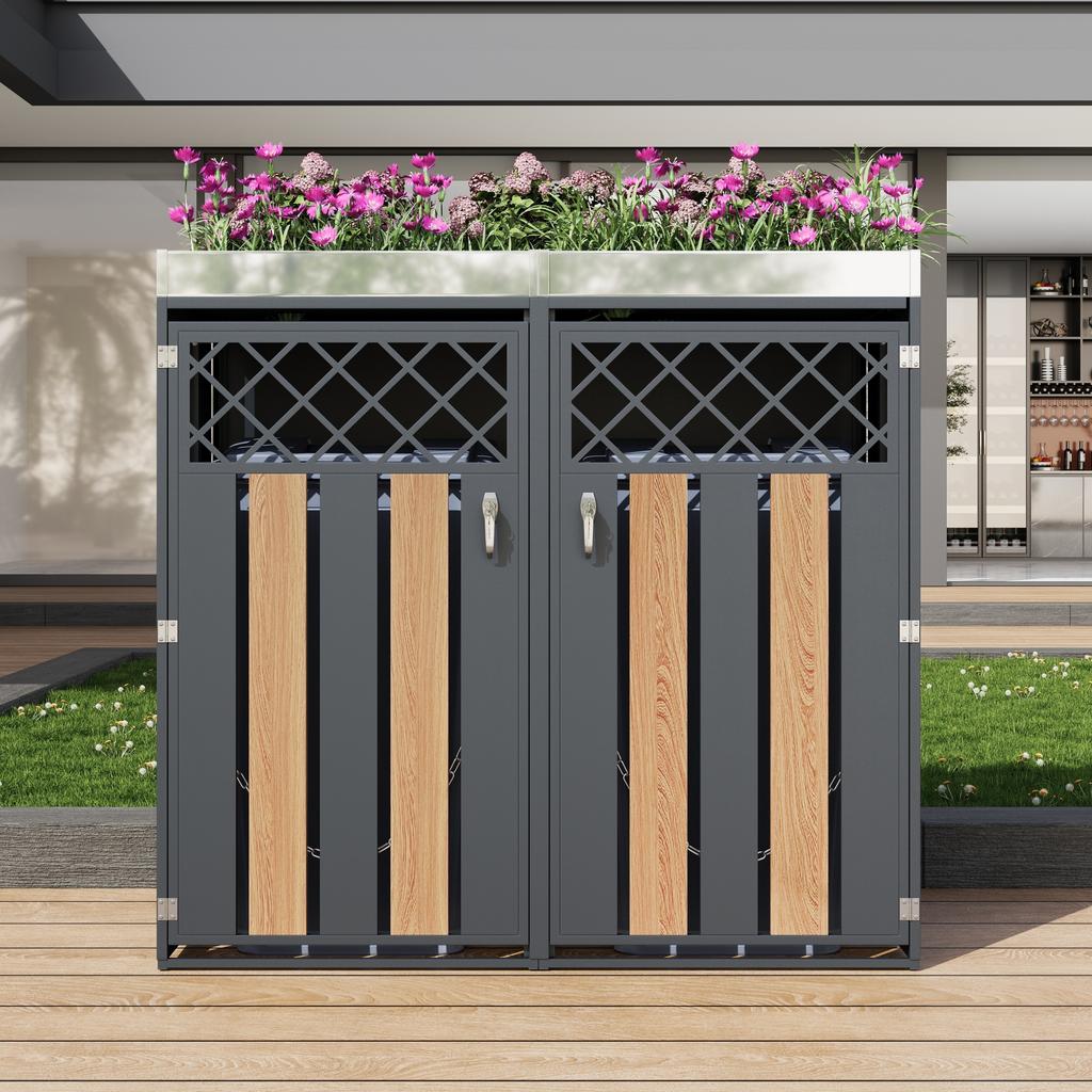 Trash Can Box, with Diamond-Shaped Ventilation Holes, Trash Storage Compartments, Lockable, Two Doors, Planting Area