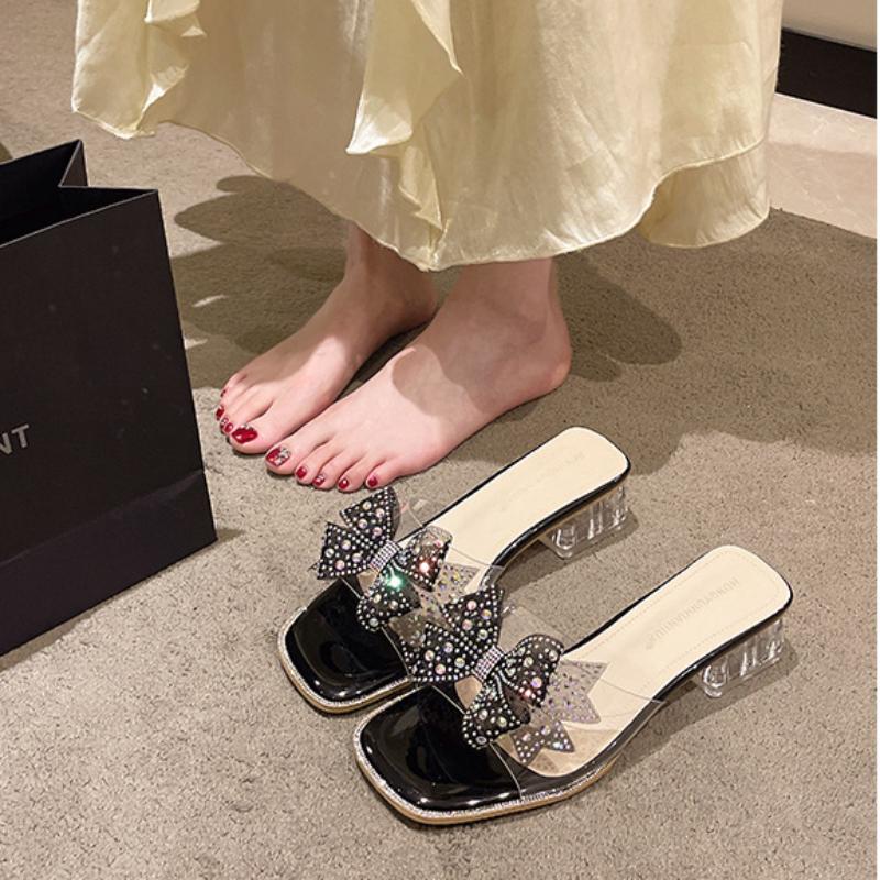 Women Crystal Chunky Sandals New Summer Sexy Fashion Bows Shining Open Toe Sandals Women Design Outdoor High-heeled Slippers