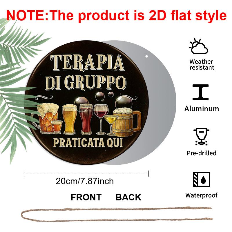 2D Flat - 1pc 2D Flat, 7.87*7.87 Inch Round French Aluminum Sign, "Group Therapy" Retro Decorative Plaque, "Bar Party" Decorative Sign, Suitable for
