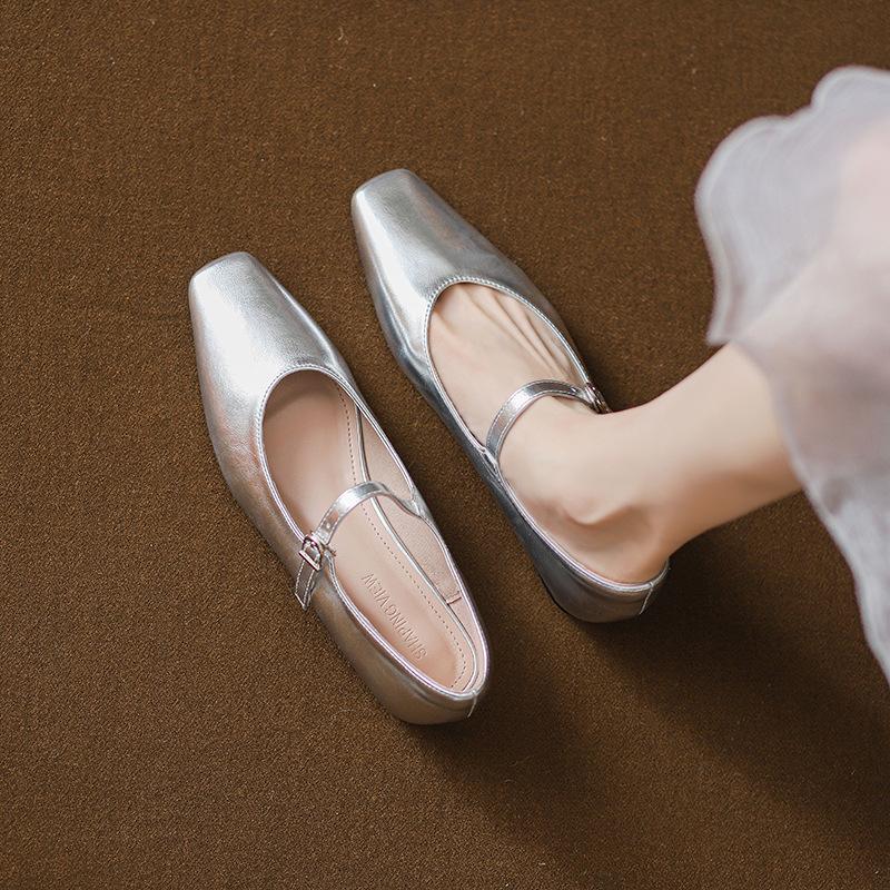 2025 Summer Mary Jane Women's Shoes Soft-soled Low-heeled Single Shoes Women's Ballet Silver Shoes Thick-heeled Silver
