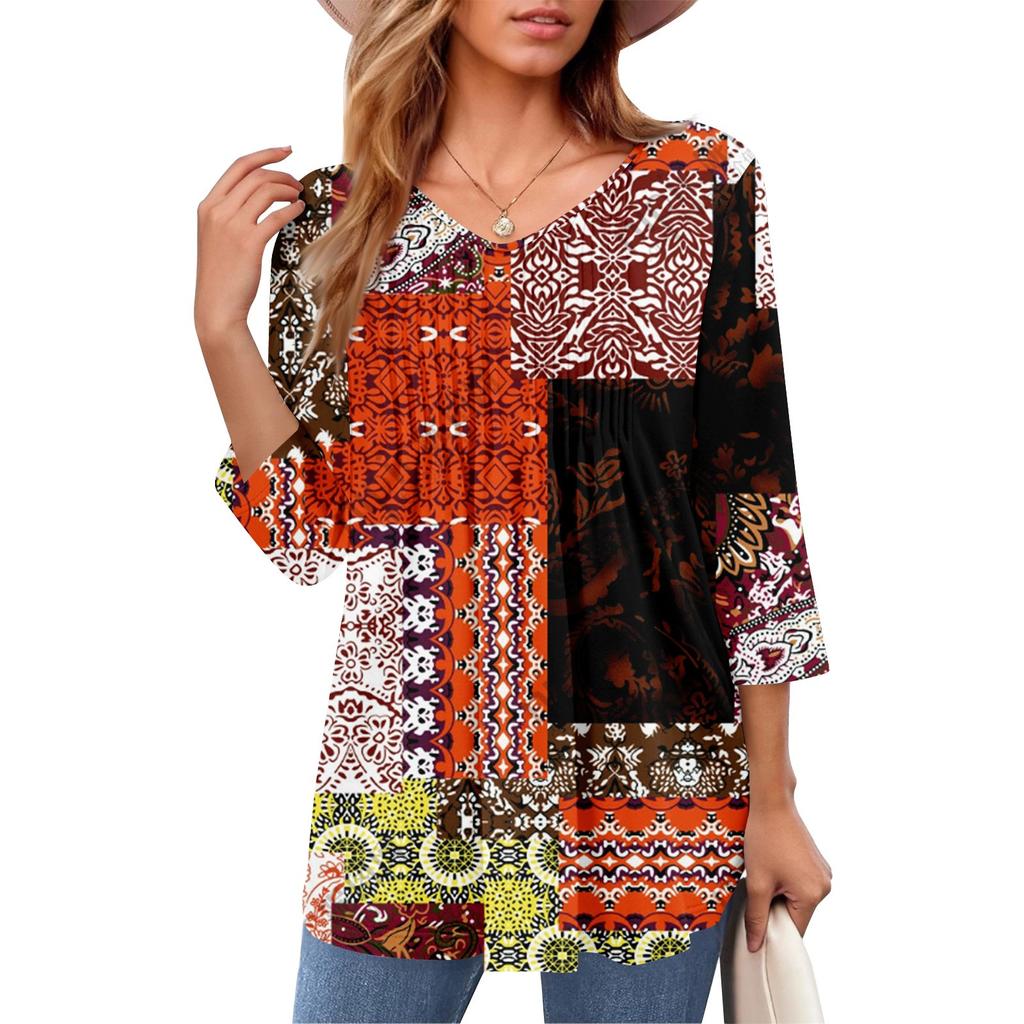 Женские топы с V-образным вырезом и рукавом три четверти в полоску, плиссированные, повседневные, летние, модные, рубашки