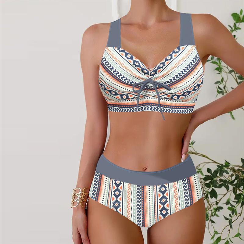 Женские купальники, бикини, купальник из 2 предметов, пляжная одежда с открытой спиной и лямкой на шее, синий купальный костюм с принтом кешью, купальник с подвесным вырезом