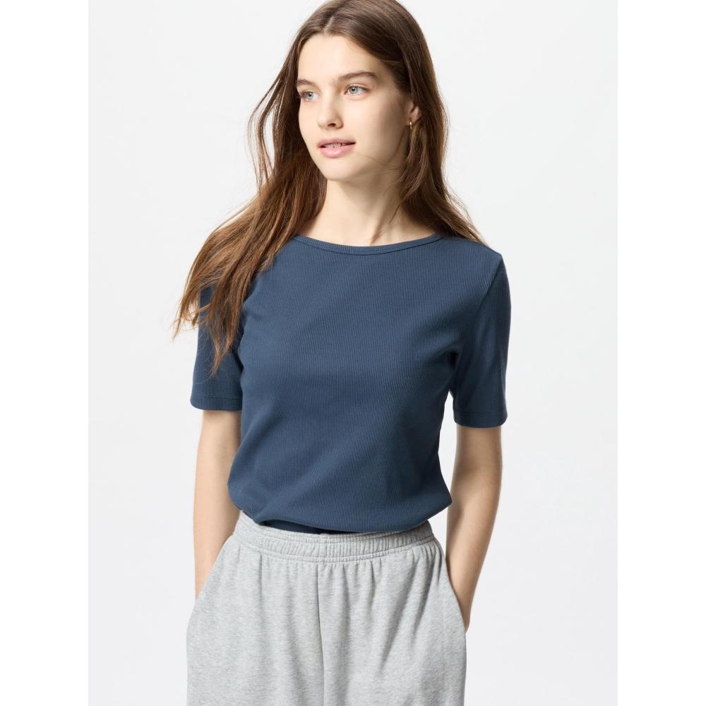 Uniqlo Японская ребристая футболка с вырезом «лодочка» и рукавом 5 минут