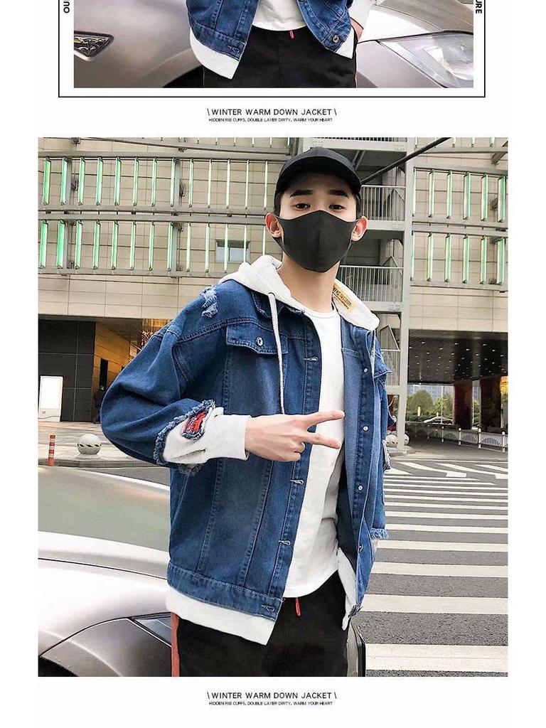 Мужская модная джинсовая куртка с капюшоном и вставками из денима — комплект из двух предметов на весну и осень