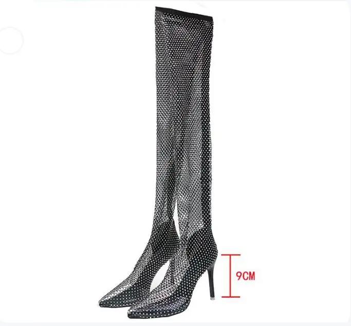 Женские сапоги 2024 года, летние новые сандалии, большие размеры, дышащие сапоги выше колена, модные, сексуальные, с острым носком, на высоком каблуке, 34-42