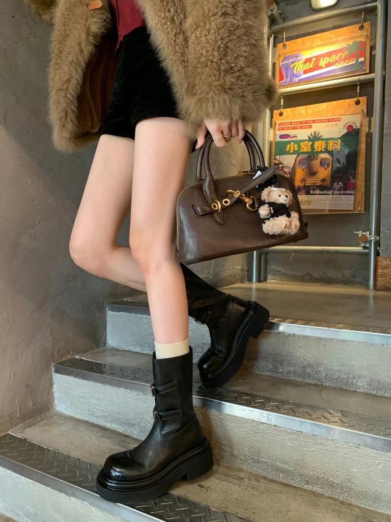 Ботинки с пряжкой на ремне, кожаные ботинки Martin на толстой подошве, женские широкие узкие сапоги на толстом каблуке, длинные сапоги