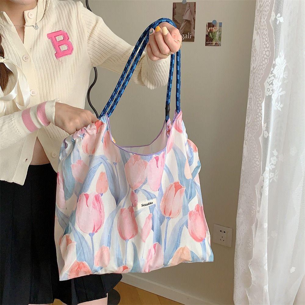 Large Capacity Drawstring Shopping Bag Reusable Travel Tote Bag Portable Canvas Shoulder Bag