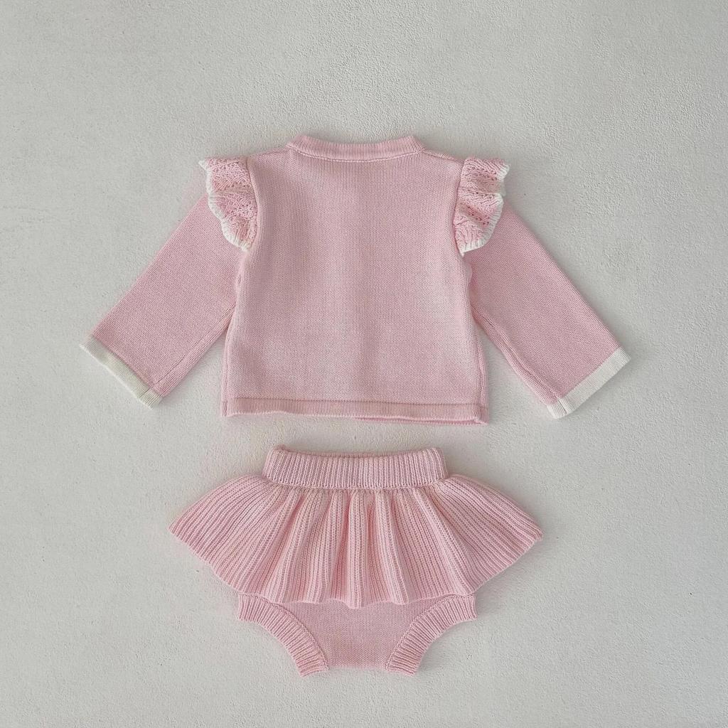 2024 Autumn Infant & Toddler Girls' Pink Knitted Jacket with Pink Ruffle Skirt Pants Set