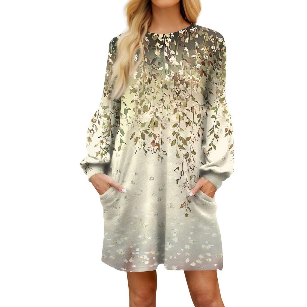 Модное женское платье трапециевидной формы с длинным рукавом. Осенний повседневный пуловер с круглым вырезом. Свободное платье с карманами.