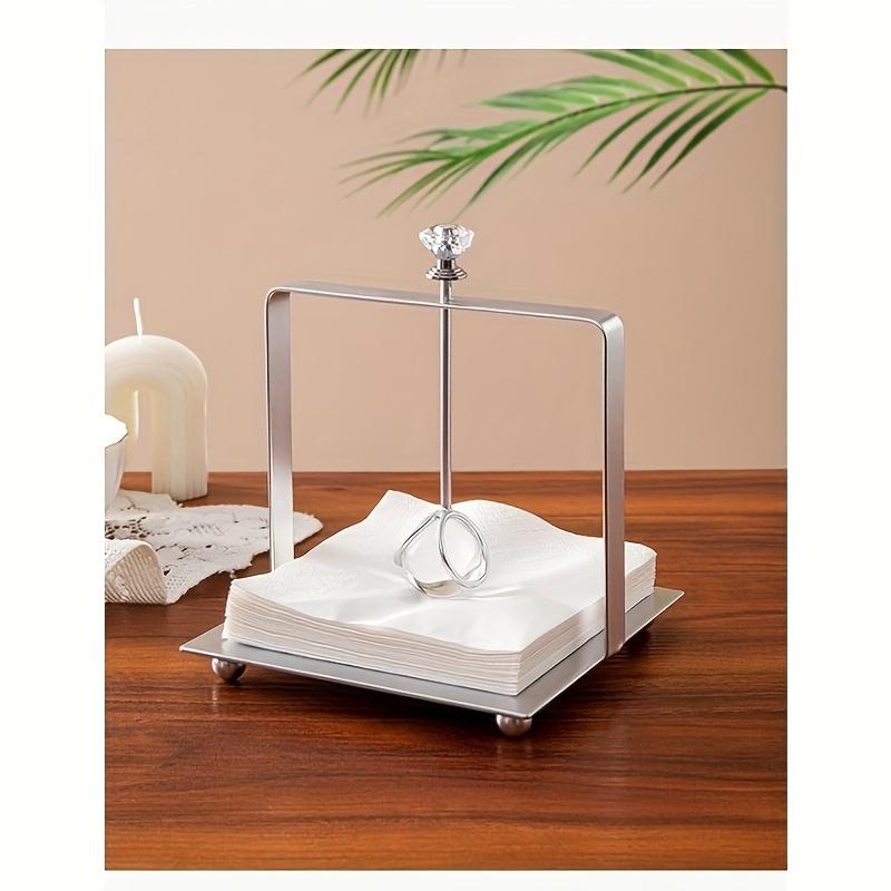 1pc Elegant Golden Stainless Steel Square Napkin Holder with Clear Crystal Accent,Freestanding Tissue Organizer for Bathroom