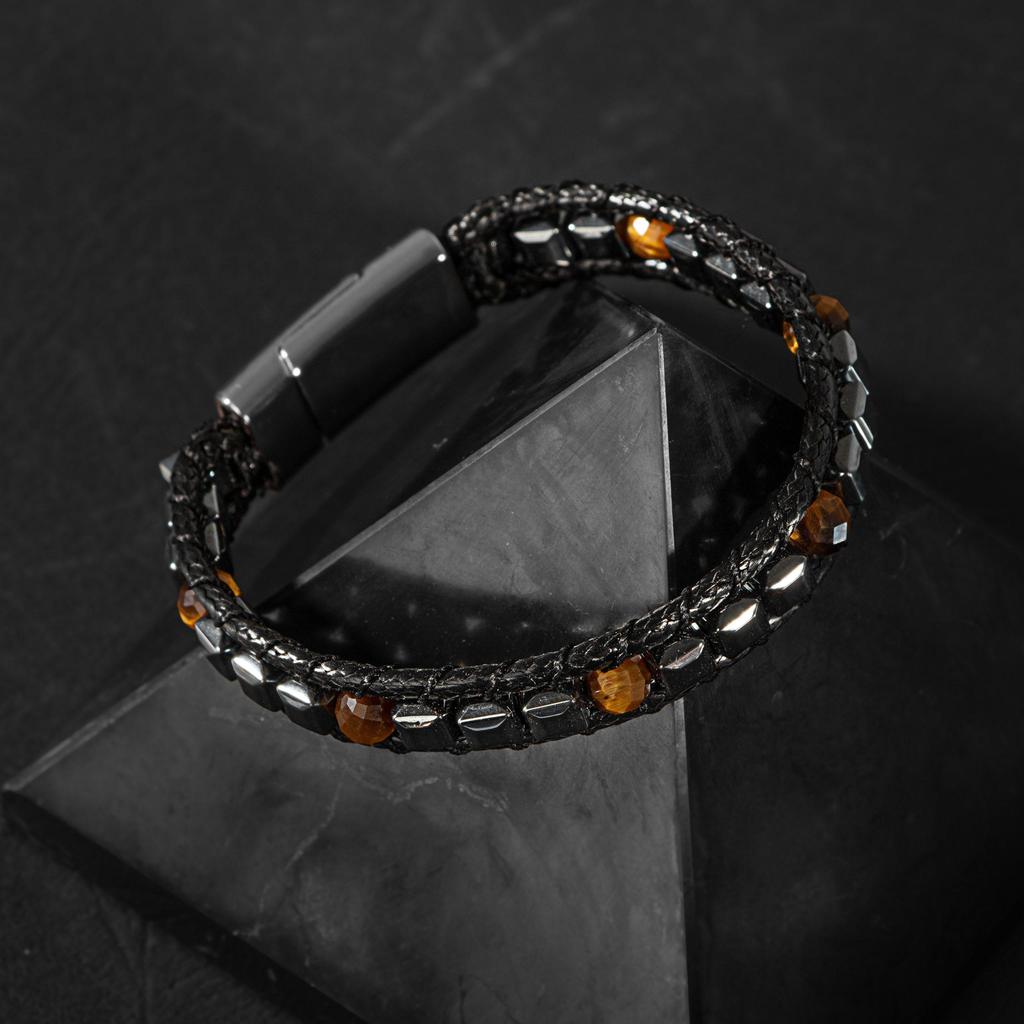 Мужской браслет макраме из тигрового глаза, натурального камня с гематитом