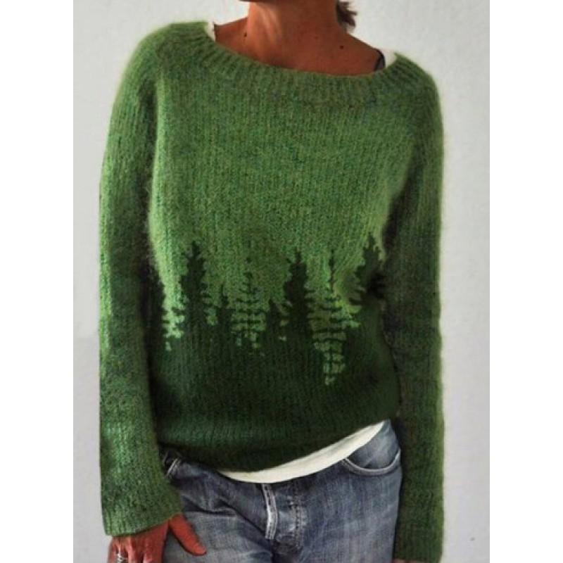 3D Print Chunky Knit Sweatshirt Women Casual Loose Fit Round Neck Long Sleeve Top