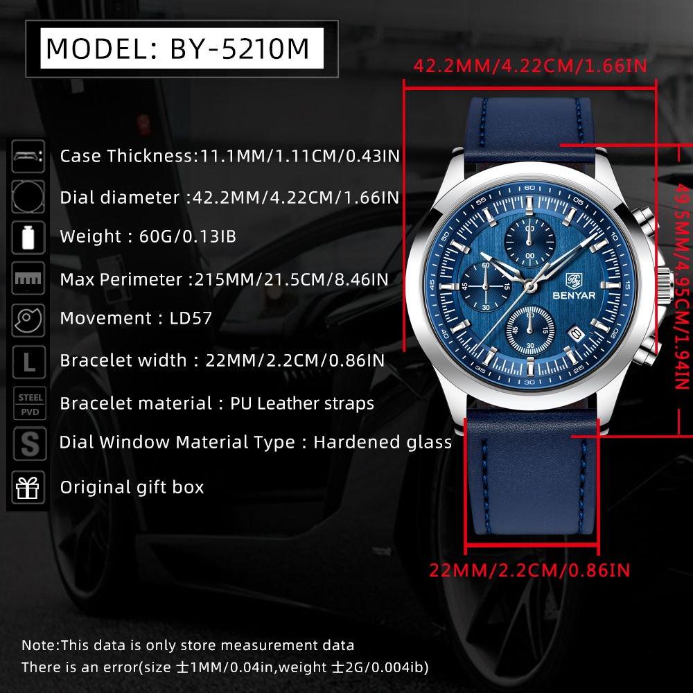 BENYAR New 40MM Men's Multi Functional Chronograph Quartz Watch Lumious Leather Strap Sports Wristwatches For Man