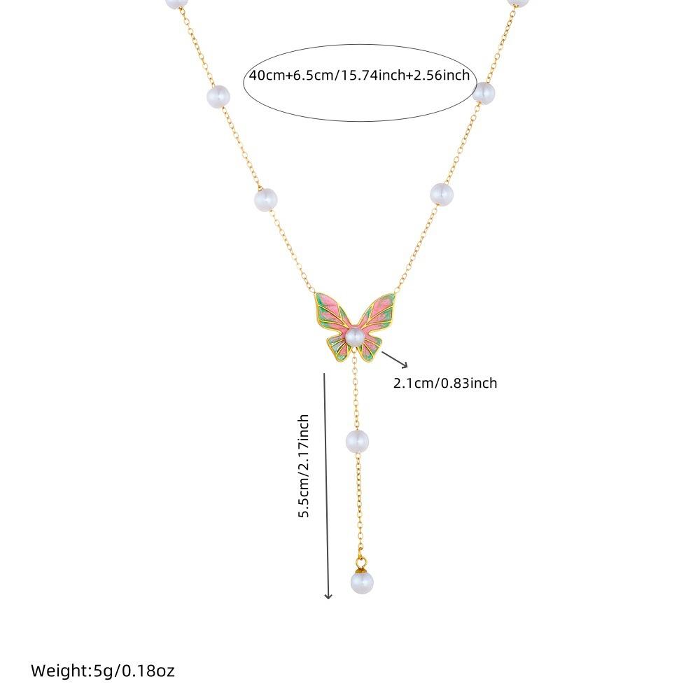 Charming Nature Forest Drip Oil Colorful Butterfly Pearl Long Tassel Necklace Womens Jewelry