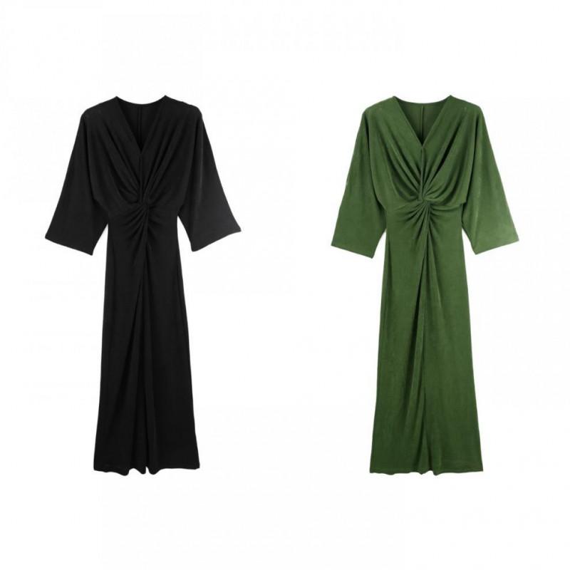 Womens Fall Long Dress V Neck Twist Waist A Line Slim Fit Elegant Casual
