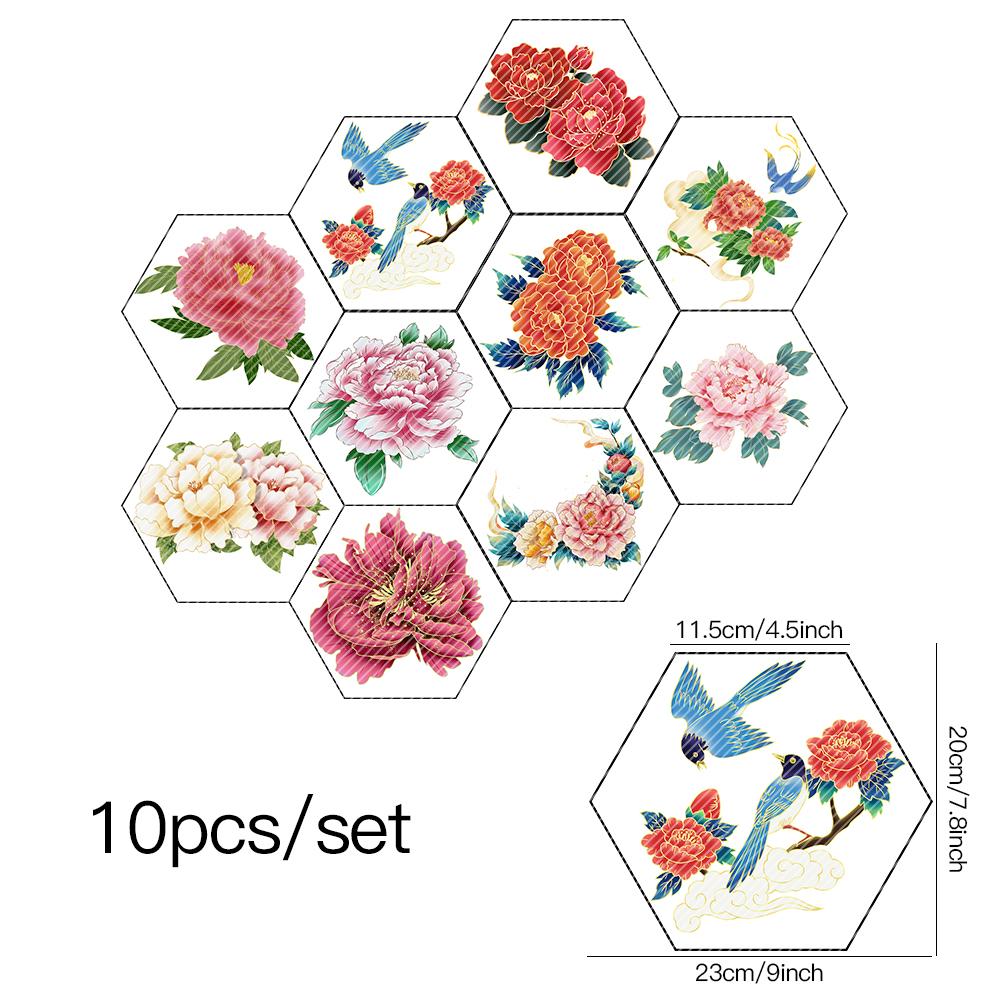 10 шт. цветы пиона шестиугольная плитка напольная наклейка на стену кухня ванная комната спальня домашний декор пилинг и; Водонепроницаемые художественные наклейки на стены