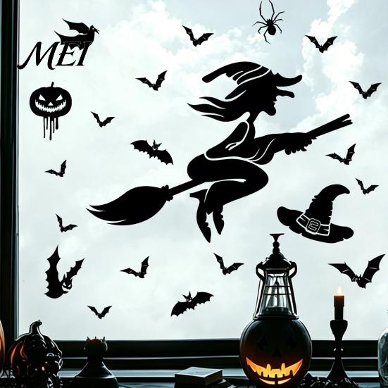 Retro Horror Party Supplies Halloween Static Sticker, with Witch/Ghost/Castle/Bat Silhouette Patterns, Durable PVC Waterproof Stickers Wall