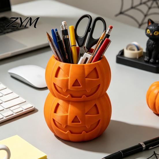 Halloween Classroom Decor 3D Printed Double Pumpkin Pen Holder, Stacked Desktop Organizer, Holder Stationery Storage Container for Pencils Markers And