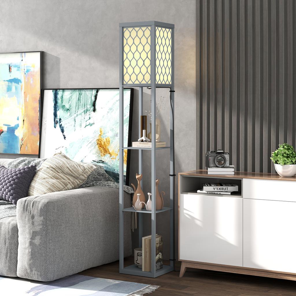 Floor Lamp with Shelf, 3 Compartments, Compact Dimensions, MDF, Light Grey