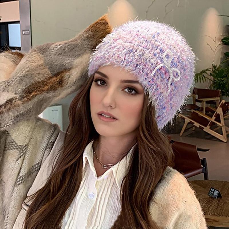 Осень и зима, новая шапка с рукавами, женская плюшевая жемчужная вязаная шапка с бантом, мягкая липкая вязаная шапка