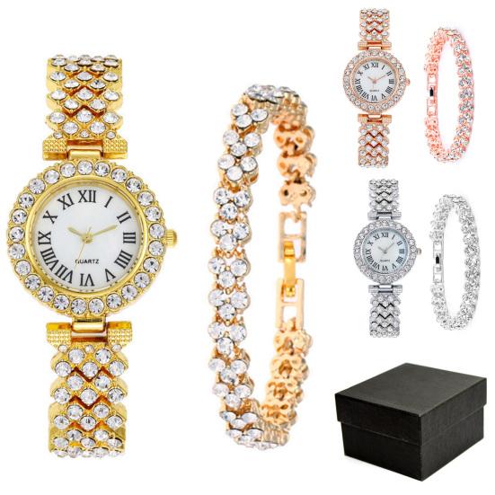 2Pcs/Set Women Watch Bracelet Kit Round Dial Shiny Rhinestones Inlaid Roman Numerals Pointer Display Accurate Decorative Gift