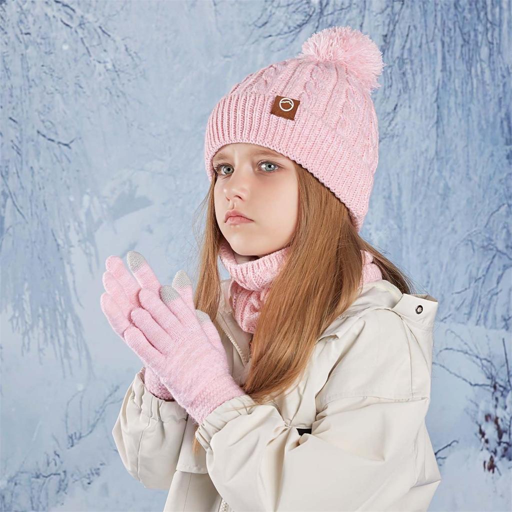 Kids Winter Hat Gloves Scarf Set, Girls Boys Pompom Hats Gloves Knit Set With Thick Fleece Lined For 4-10 Children