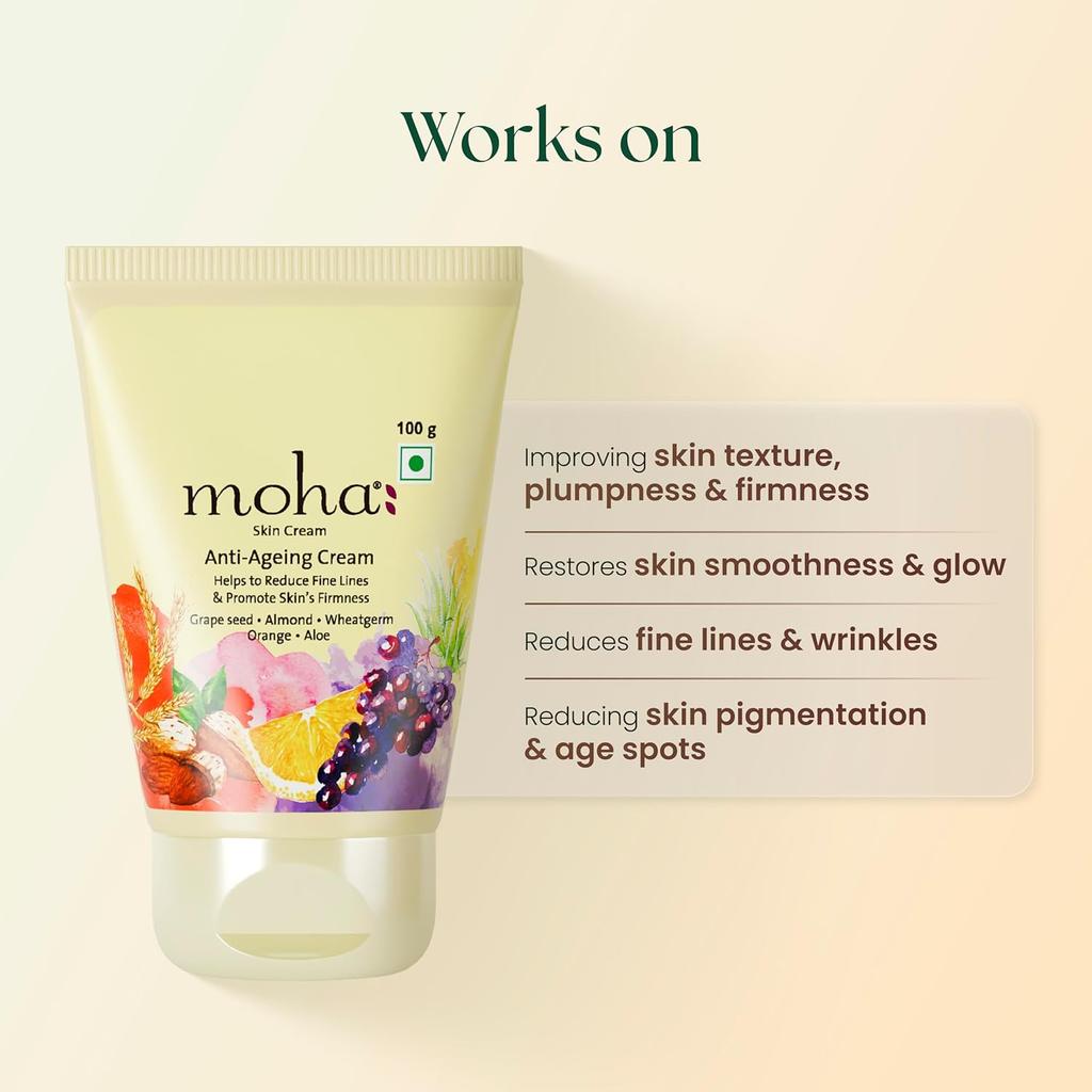 Moha Anti Ageing Cream 100g Pack of 1 for Fine Lines, Wrinkles, Pigmentation & Skin Firmness with Radiant Glow