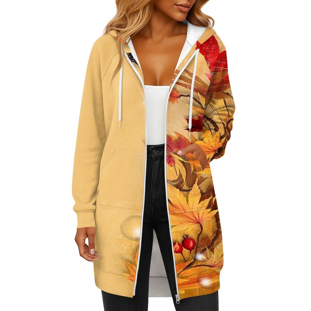Women's Fashionable Printed Long Sleeved Drawstring Hooded Zipper Pocket Long Casual Sweatshirt Jacket