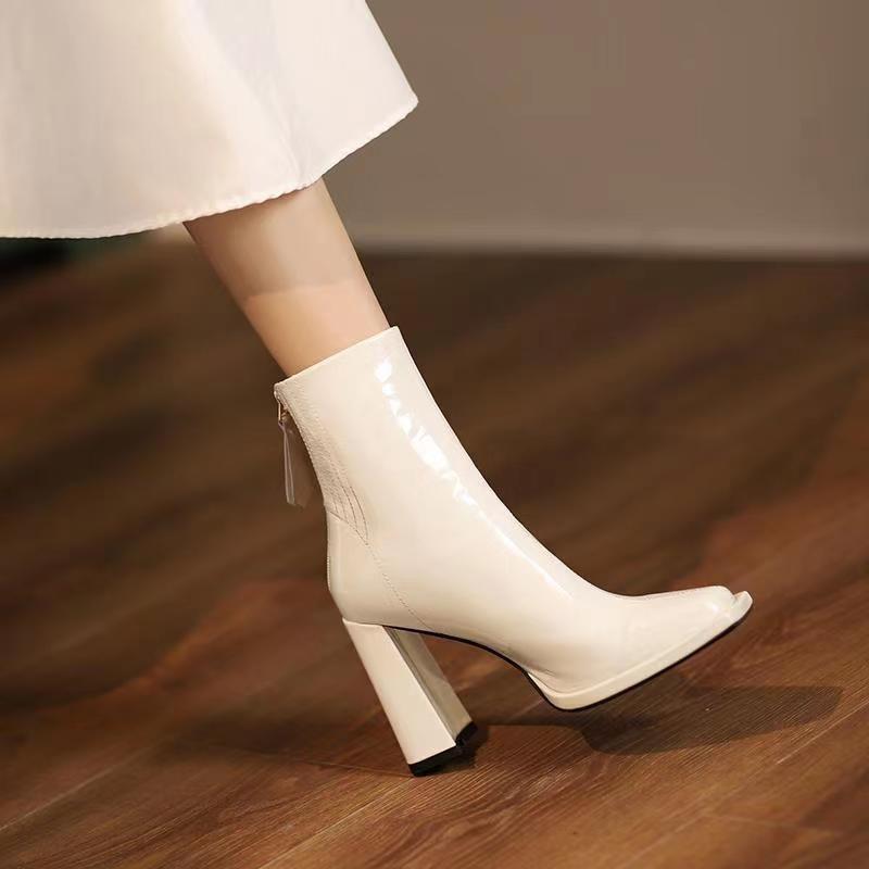 Fashion Female Shoes 2024 High Quality Ankle Women's Boots Elegant Modern Boots Women Sewing Square Toe High Heels Back Zip Shoes Women