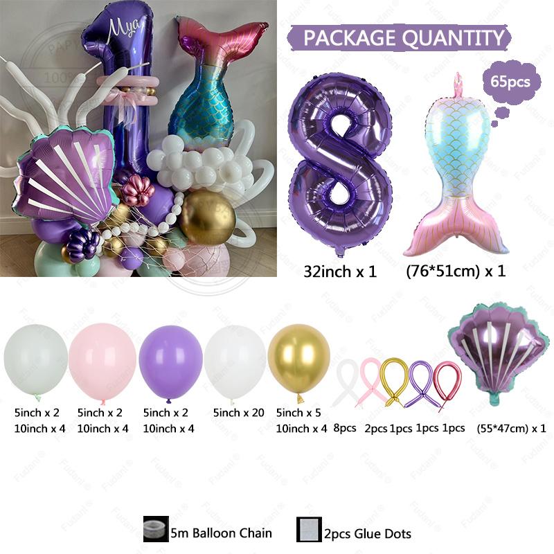 65PCS Underwater World Theme Mermaid Shell Purple Digital Aluminum Film Balloon Children's Birthday Baby Shower Decoration Ballo