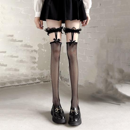 1 Pair Women Stockings See-through Ultra-thin Fishnet Lace Bow Decor High Elasticity Over-the-Knee Skinny Solid Color Anti-slip Lady Long Thighs