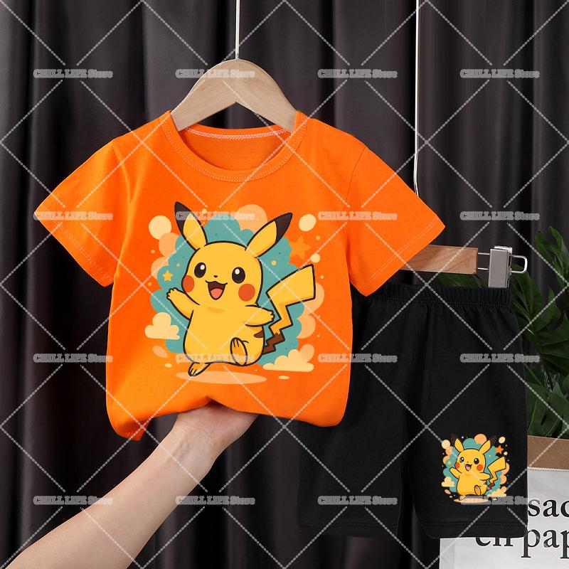 Kawaii Pikachu T Shirt Shorts 2pcs Kids Clothes Set Pokemons Children Tracksuit Cute Cartoon Summer Girl Boy Sportswear Suit