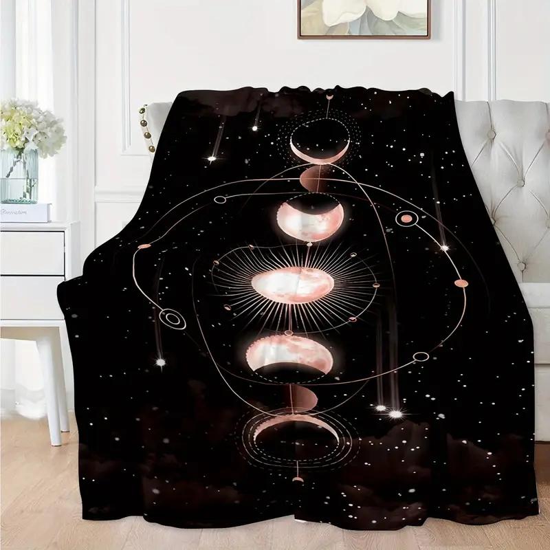 Colorful Moon Phase Flannel Blanket - Warm and Comfortable - Perfect for Bed, Home, Camping, Sofa, Halloween and Christmas