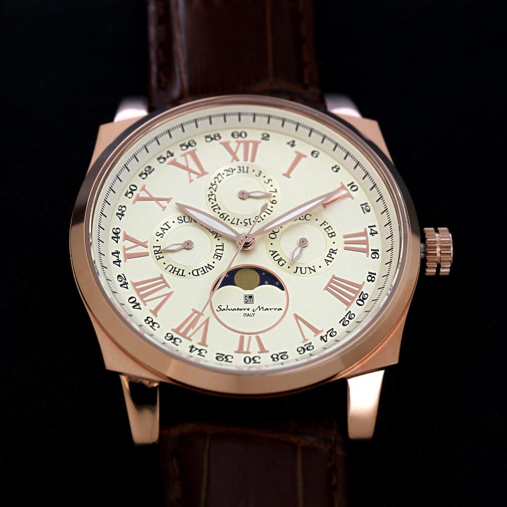 Часы Moon Phase Multi Calendar 5 ATM Водонепроницаемые деловые формальные кожаные часы с ремешком ограниченной модели белого розового золота [Salvatore Mara] мужские SM22105S-PGWH