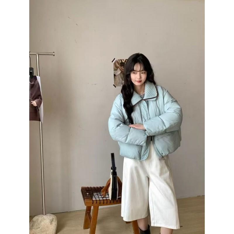 Womens Short Puffer Jacket With Knit Collar White Duck Down Winter Coat Petite Women