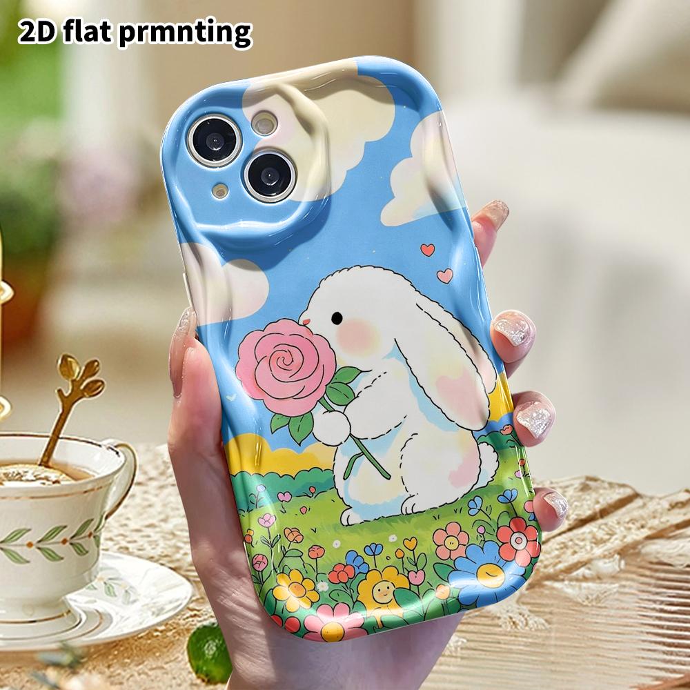 Phone Case: 2D flat design suitable for iPhone 18, 17, 16, 15, 14, 13 Pro protective case, holding a rose with a white rabbit, perfect Christmas and H