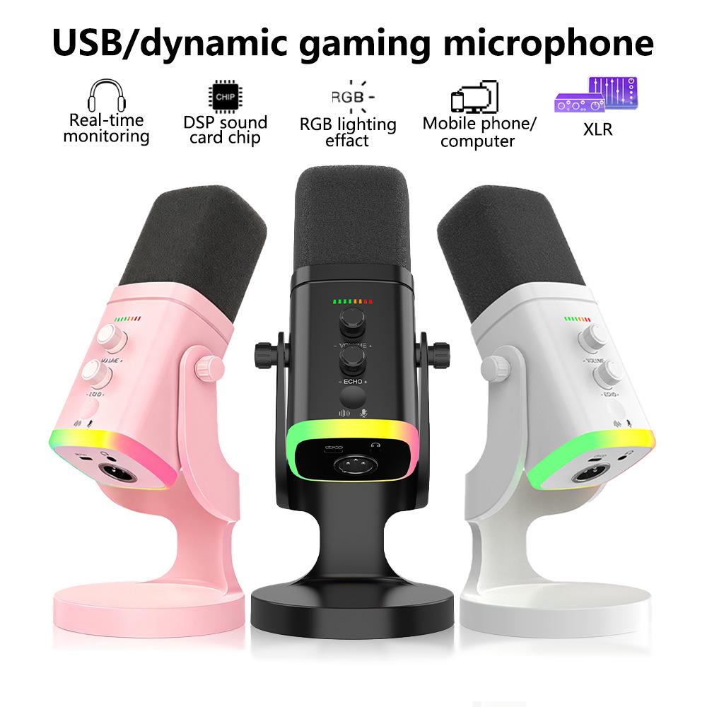 Динамический RGB USB-конденсаторный микрофон с шумоподавлением для игр, прямых трансляций и настольного ПК.