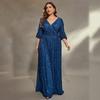 Women Plus Size V-neck Bust Pleated Mid-long Sleeve A-frame Long Dress Sequins Evening Dress