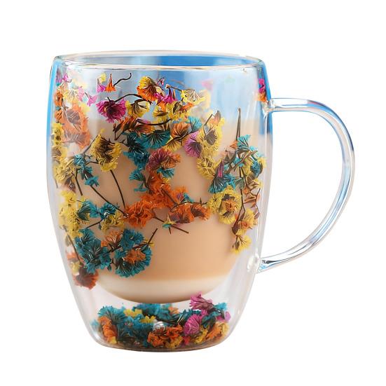 Кружка стеклянная с двойными стенками 350 мл термостойкая чашка для кофе, чая, с цветочным рисунком, изолированная чашка для горячих и холодных напитков, для капучино, латте, эспрессо, сока