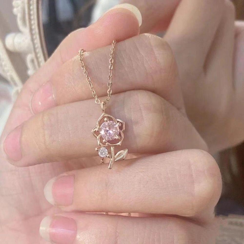 Romantic 3D Flower Choker Exquisite Clavicle Chain Sweet Pink Rose Necklace  Gift