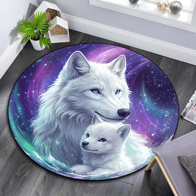 White Wolves Round Area Rug,Carpet Rug for Living Room Bedroom Sofa Playroom Decor,Non-slip Floor Mat