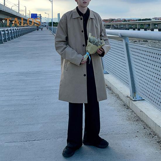 Мужская ветровка, пальто с лацканами, длинный рукав, двубортный тренчкот с карманами, однотонный, свободный крой, повседневная верхняя одежда средней длины