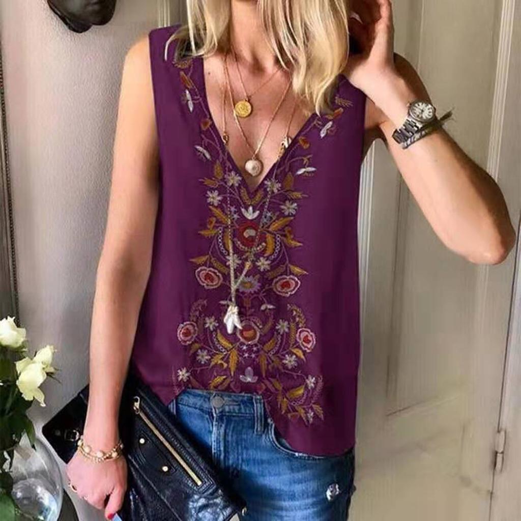 Women's Casual V-neck Ethnic Wind Printed Chiffon Shirt Undershirt Top