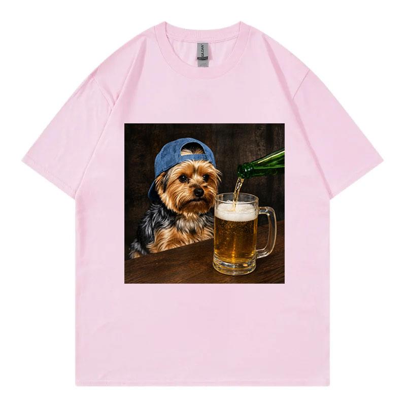 Yorkie Drinking Beer Funny Meme Graphic T Shirts Summer Casual Short Sleeve T-shirtWomen Fashion O-Neck T-shirt
