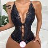 Sexy Women Bodysuit See-through Hollow Out Lace Bow Open Crotch Sleeveless Sknny Low-cut Cross Back Adjustable Spaghetti Strap Honeymoon Wedding