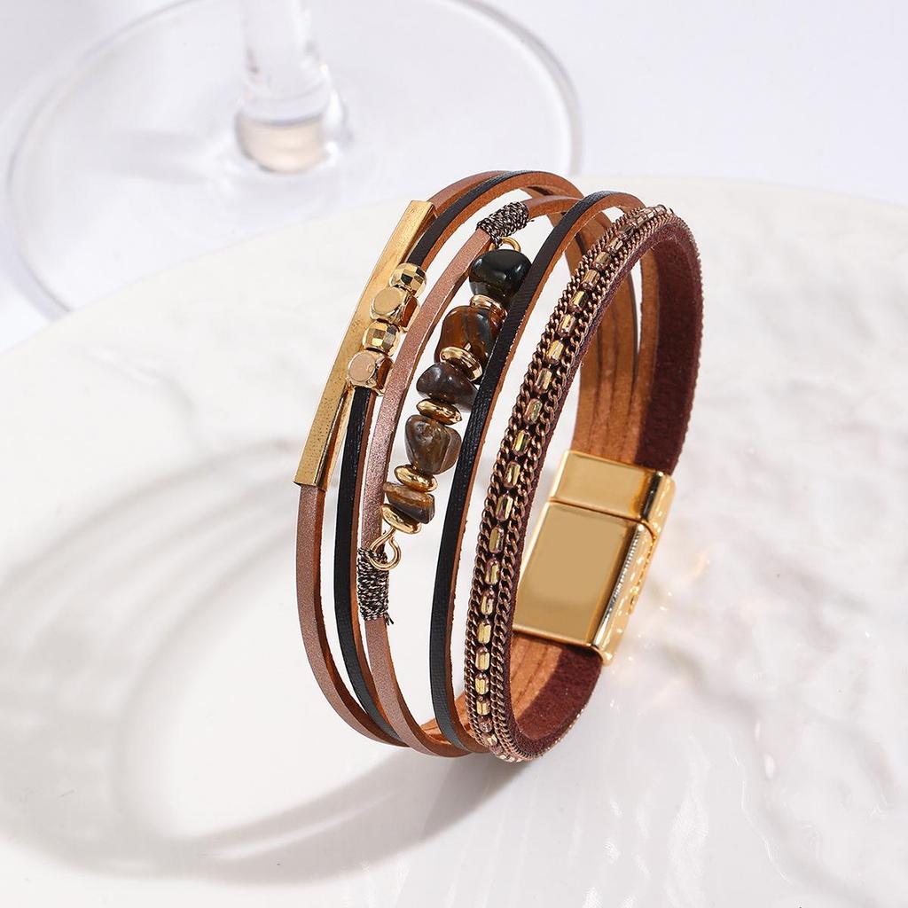 Богемский браслет из чипсов с цветовыми блоками и магнитной застежкой – ПУ кожа, трендовый нишевый дизайн