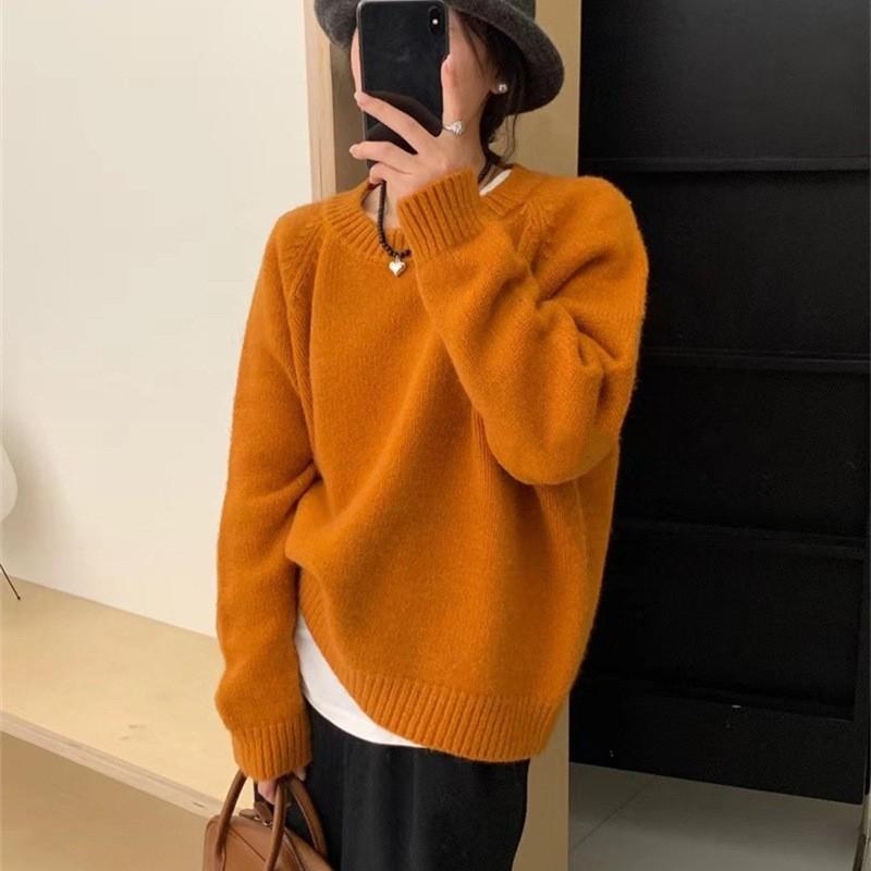 Womens Chunky Knit Round Neck Sweater Loose Fit Long Sleeve Office Wear Winter Warm Solid Color Pullover