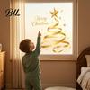 Creative Holiday Gifts Gold Ribbon Christmas Tree Static Cling Window Decal, Merry Glass Office Wall Decor Sticker with Stars, Reusable for Home Shop