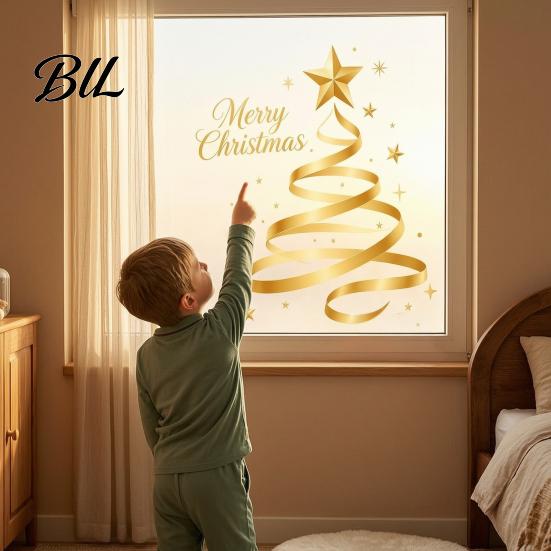 Creative Holiday Gifts Gold Ribbon Christmas Tree Static Cling Window Decal, Merry Glass Office Wall Decor Sticker with Stars, Reusable for Home Shop