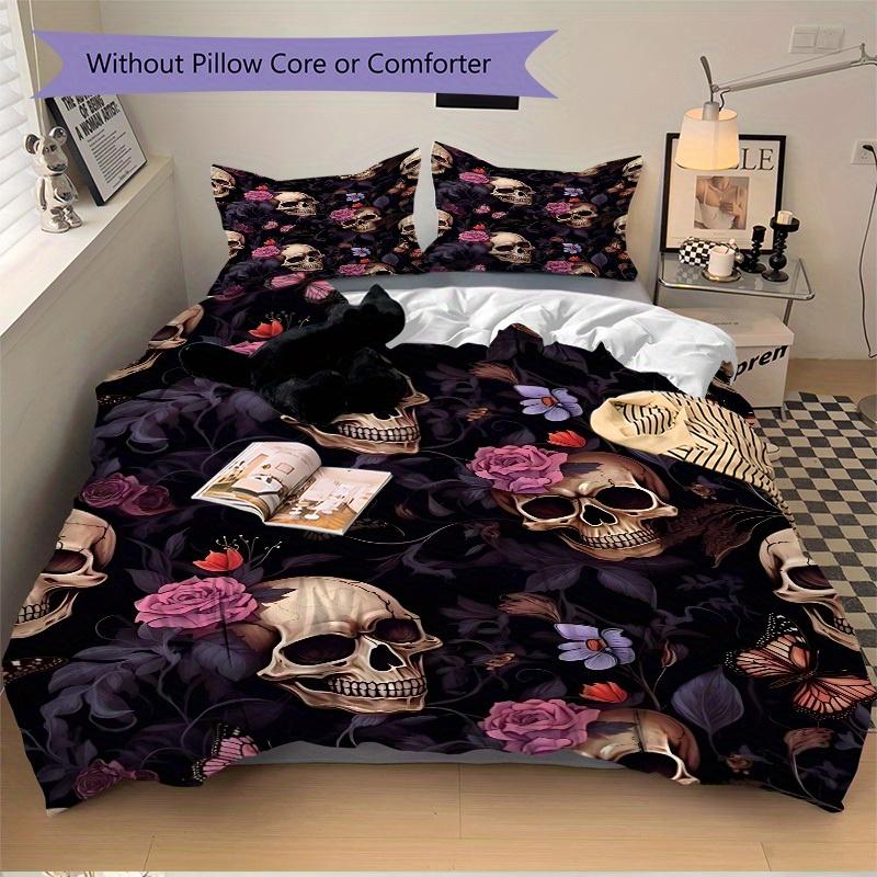 3pcs Skull Floral Pattern Bedding Set, Ideal for Home Use, Suitable for Bedroom Decor (1*Duvet Cover + 1/2*Pillowcases, No Core) yy250821189